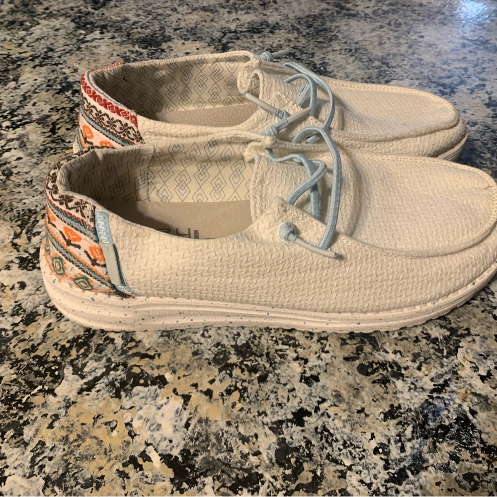 Hey Dude Cream and Blue Boat Shoes